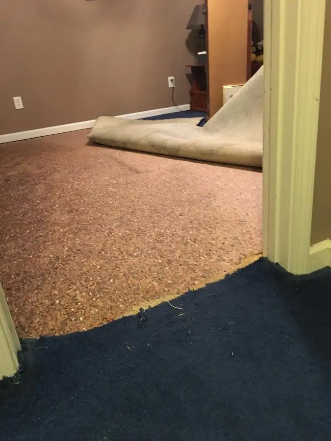 Carpet pad removal revealing water damage during Water Mitigation Services in Sunset Hills